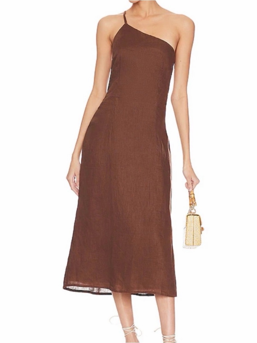 Faithfull the Brand Soko Chocolate Brown One-Shoulder Linen Slip Dress